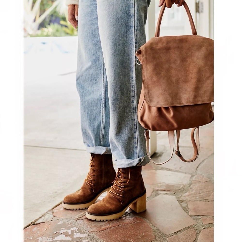 Free People Suede Patchwork Crossbody Backpack in Rust, Mustard & Sage - Picture 3 of 11